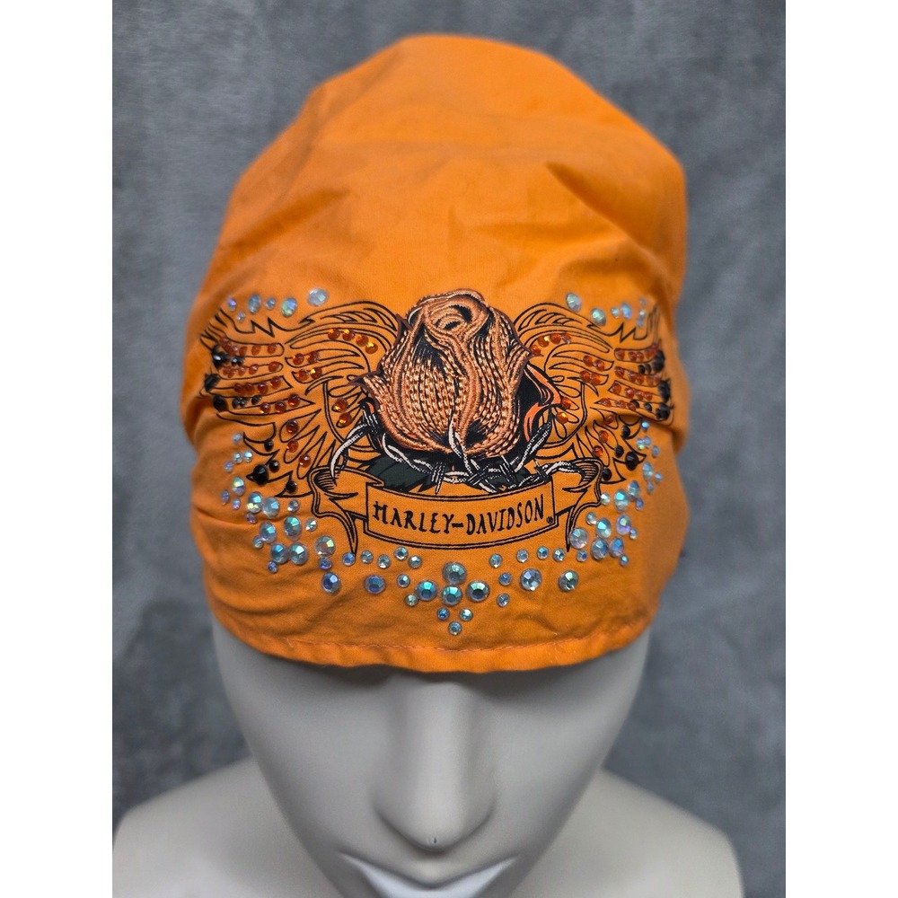Harley-Davidson Women Orange Rhinestone Rose Wing Headwrap Biker Bandana NWT